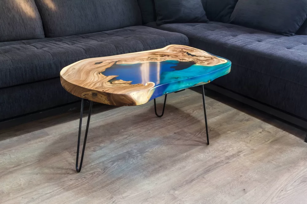 Wooden Coffee Table With Water Resin Design.